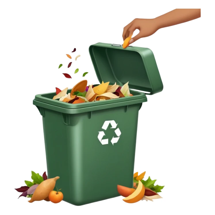 hand dropping food scraps into a trash bin, clean and expressive sticker