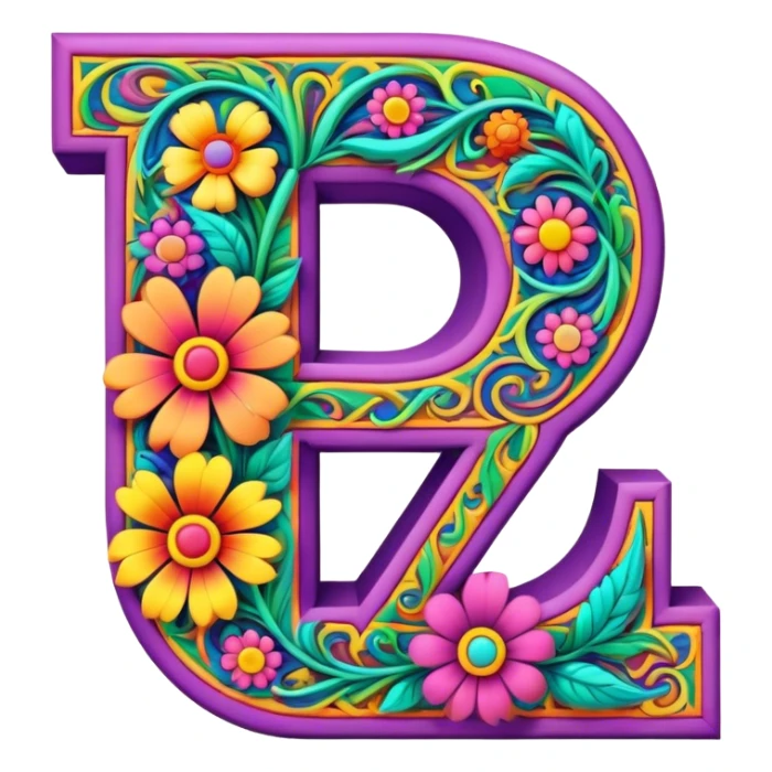 3D, gothic style psychedelic colored Letter Z with hippie style flower border sticker