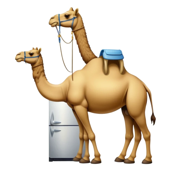 An appliance hybrid with a refrigerator body, a long-necked camel head emerging from the top, and four camel legs with hooves wearing yellow-brown Timberland boots sticker