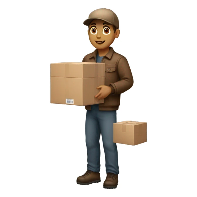 Delivery boy, full body, light skin tone, wearing brown cap and brown jacket, UPS delivery company uniform loading a package without background sticker