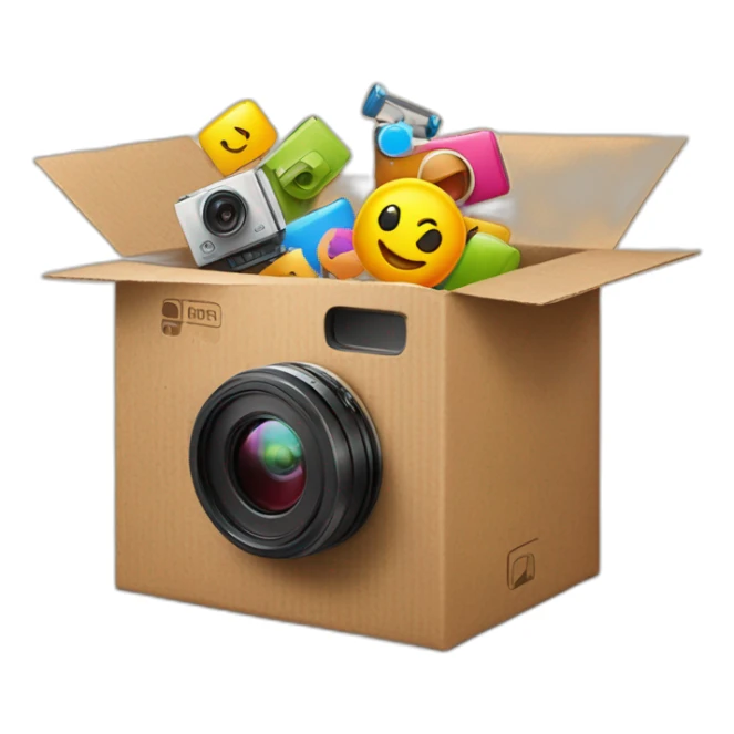 Video Camera, Instagram YouTube icons fly out from the Cardboard box sticker