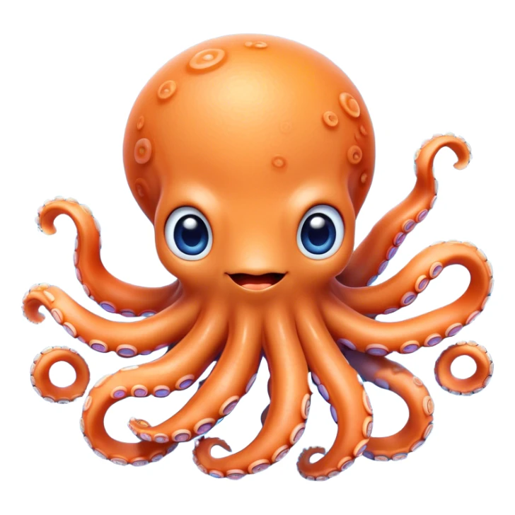 Cinematic Cute Octopus Portrait Emoji, Head tilted playfully and inquisitively, featuring a rounded, light orange body embellished with playful blue rings, eight adorably curling arms, and big, twinkling eyes full of wonder, Simplified yet irresistibly adorable features, highly detailed, glowing with a warm, inviting underwater glow, high shine, affectionate and lively, stylized with a touch of whimsical cartoon charm, soft glowing outline, capturing the essence of a mischievous yet loving octopus that seems as if it could bob out of the screen into your arms! sticker