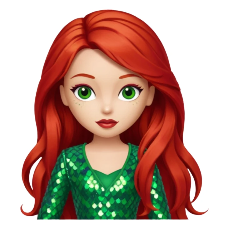 Meygan from Bratz with long red hair and green sequin outfit sticker