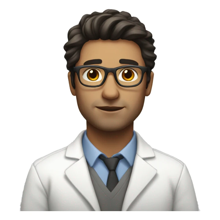 Male therapist dark hair glasses white coat sticker