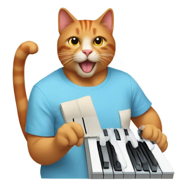 tan-red cat wearing a light-blue t-shirt taps musical keyboard sticker