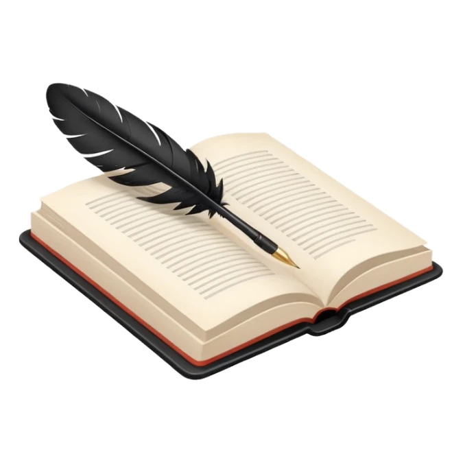Minimalistic flat vector icon, iOS style, thin black contour on white background. Open book with a feather pen. Clean, no text, no shadows. sticker