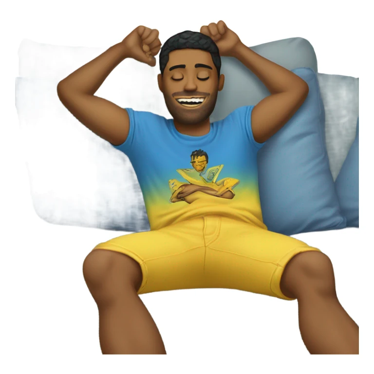 A person lying on a sofa, legs crossed with hands behind the head, relaxing in a cozy setting, yellow skin, Ed Hardy t-shirt, blue jeans sticker