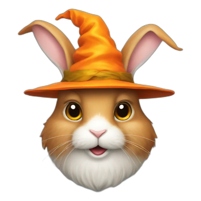portrait of a rabbit wizard, with an orange hat sticker