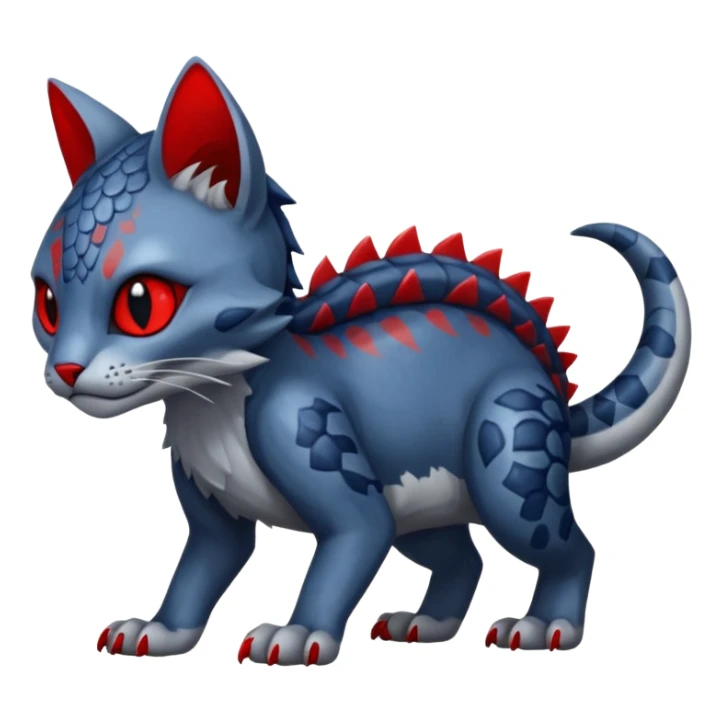 midnight blue-gray-black, with red markings, white belly, scaley scaly batty feline-like quadrupedal digitigrade cute cool handsome badass realistic feral Bastet-Noibat-Gatomon-Garchomp-Digimon-Fakémon-Pokémon-creature (full body) sticker