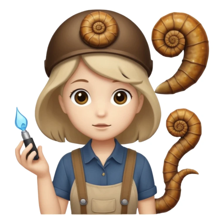 Shelly has a small, chibi-style body with a large ammonite-shaped head that looks like a beige fossil shell. One side of her head has a dark opening, making it clear she isn’t human. Her face is simple and soft, with big round eyes. She wears a brown suspender outfit over a lighter shirt sticker