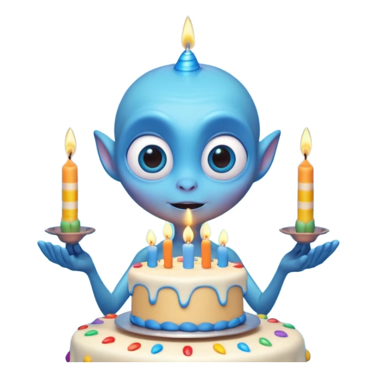 A cute friendly alien holding a birthday cake with candles, big expressive eyes, bright colors, cartoon style, playful atmosphere, 3D animated look, Pixar-inspired, highly detailed
 sticker