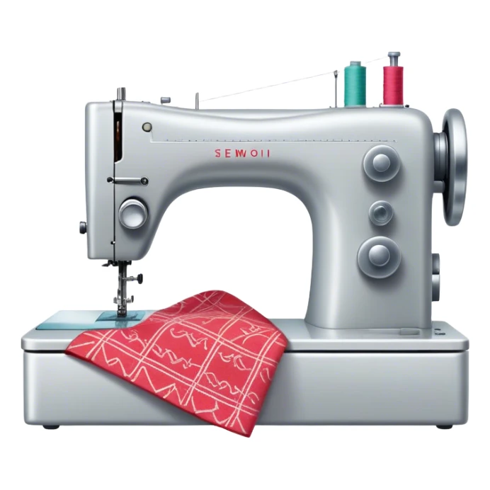 Create an icon that represents the hobby of sewing clothing using patterns and templates. The design should feature a sewing machine, fabric, sewing patterns, and templates. Include visible markings on the fabric that align with the patterns, showcasing the process of cutting and sewing. A piece of clothing in progress, such as a dress or shirt, should be visible, reflecting the creative and detailed nature of garment making. The composition should be well-balanced, with a clean and harmonious design. The background should be transparent. sticker