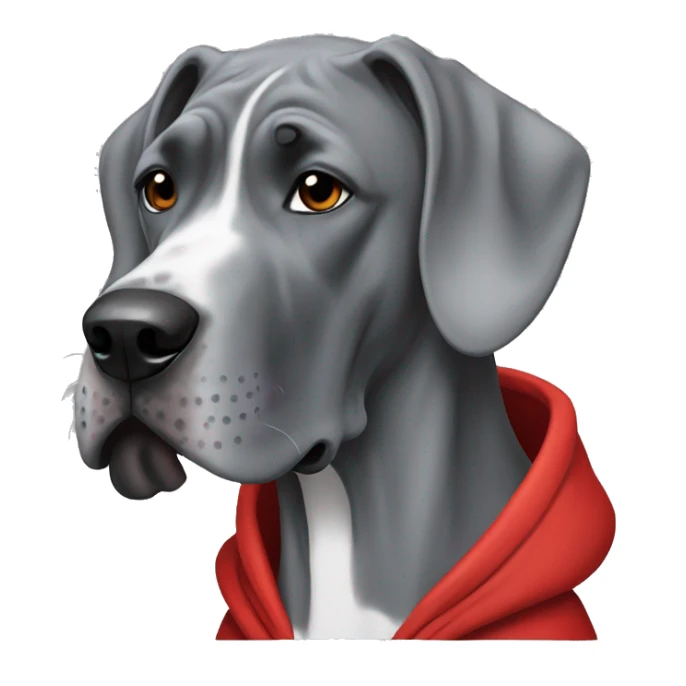 Grey Great Dane wearing a red hoodie sticker