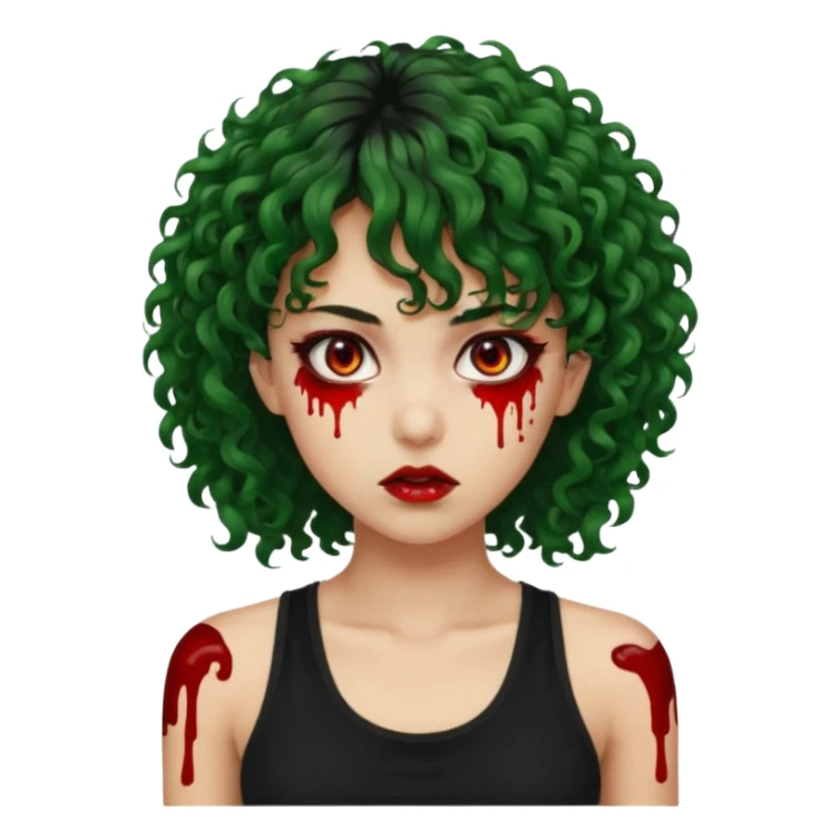 crie uma mulher, vibe total terror. mas ela com cabelo cacheado e franja. e pele verde. SAIA SANGUE DOS OLHOS VERMELHOS. ELA USA BLUSA REGATA PRETA. sticker