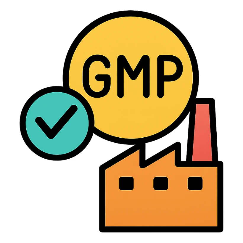 icon representing Good Manufacturing Practices (GMP) for supplement product labels, featuring a checkmark, a factory, and a circular badge, clean and professional style sticker