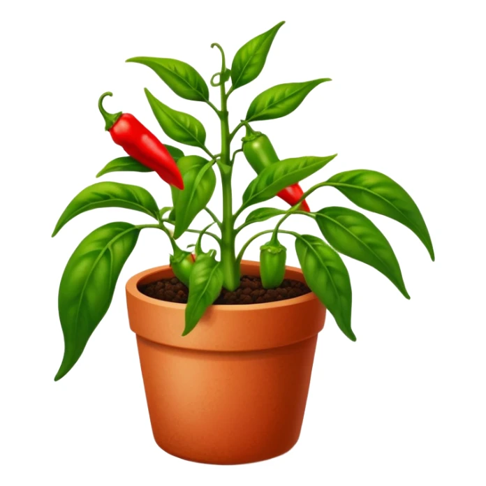 Potted green pepper plant with small red peppers growing on it sticker