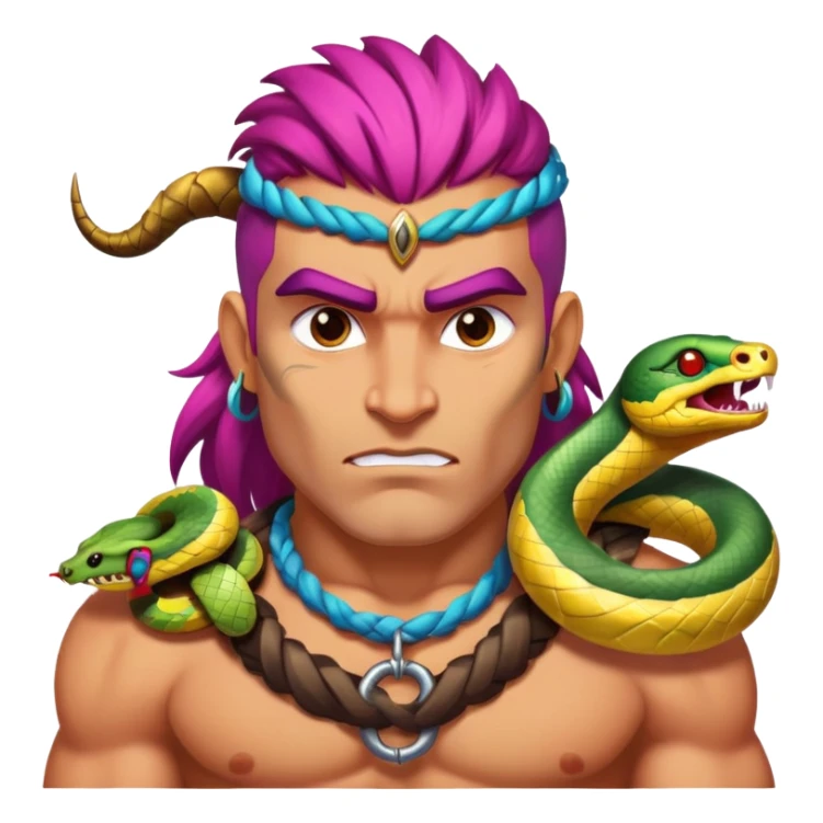 a barbarian with big eyebrows and colourful hair, powefull and strong, in full size with snake in his neck sticker