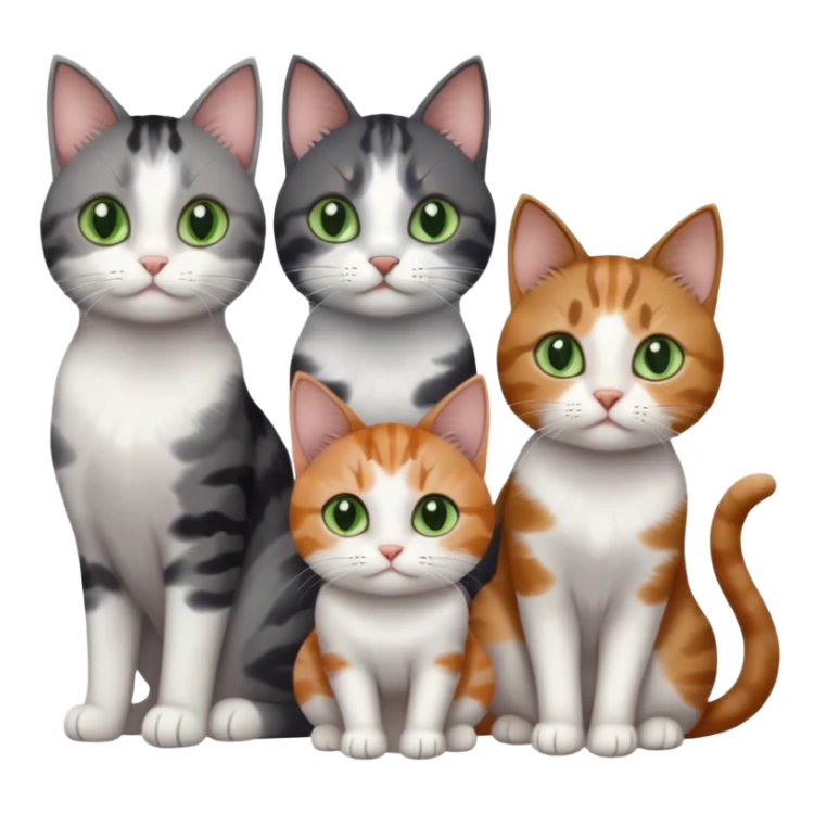 4 different coloured small cats including a dark grey and white, and a patchy calico, and a brown tabby and white,  and a completely solid dark grey with green eyes and only white paws sticker