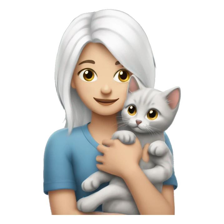white hair girl hugs grey kitten  sticker