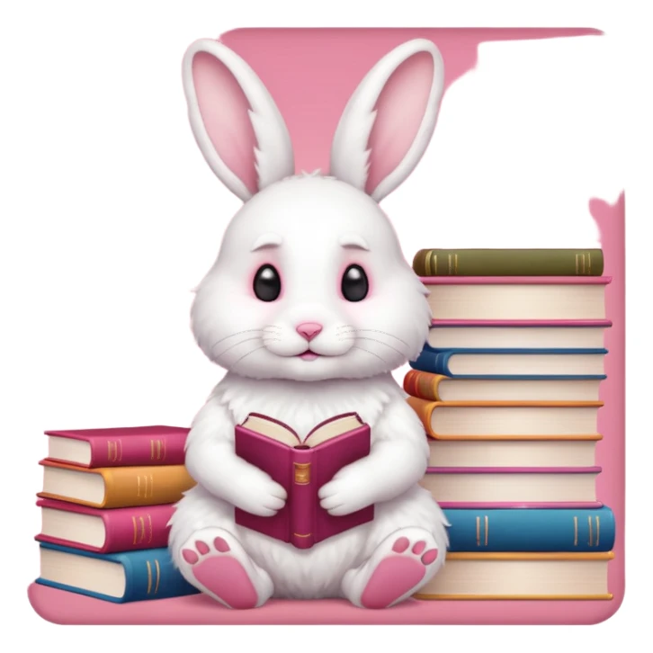 White rabbit sitting on 4 legs next to a stack of books consisting of 3 books sticker