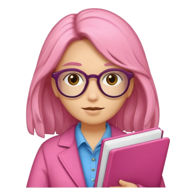 Estudante de cor parda,com o cabelo cacheado na cor loiro escuro , e de óculos segurando um caderno rosa sticker