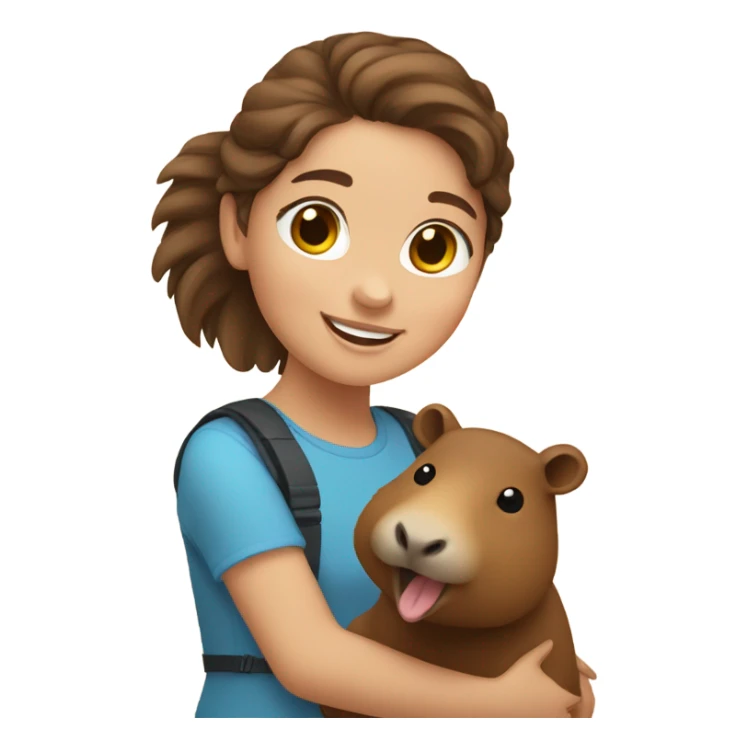 happy girl with brown hair holding capybara  sticker
