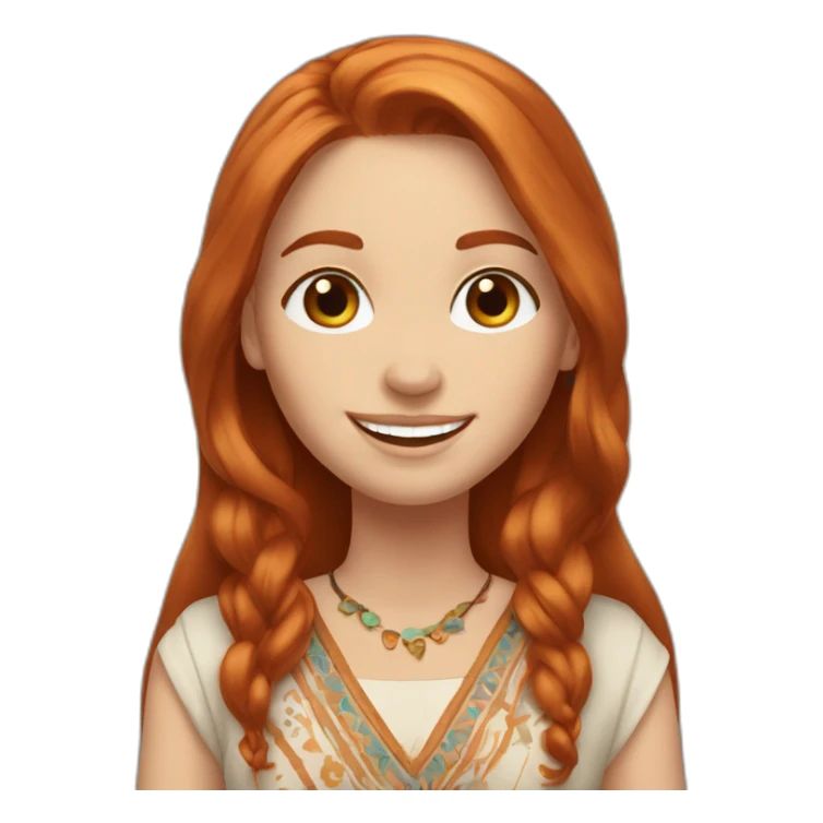 redhead white woman medium long straight hair, greets smiling, wearing boho dress sticker