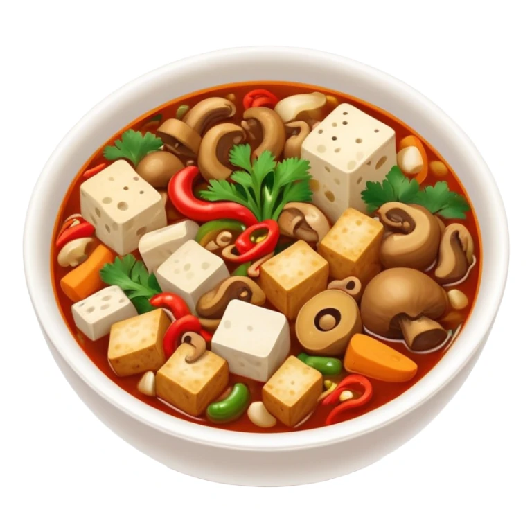 Chengdu Maocai spicy assorted ingredients in bowl, simplified emoji style with bold outlines and bright colors, cartoon style Sichuan street stew sticker