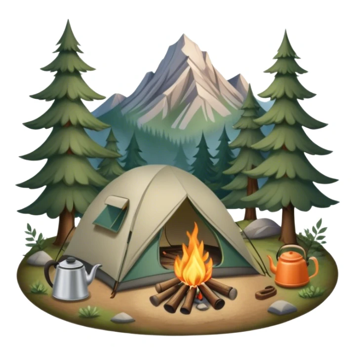 Icon for Hiking: a tent, and a kettle over a campfire, surrounded by trees and a mountain trail, a backpack, a walking stick. The icon should capture the adventure and warmth of camping. Transparent background. sticker