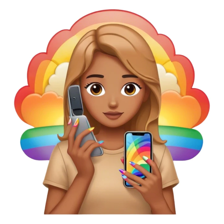 A person holding a phone with a sunset, phone, cover and with rainbow nails sticker