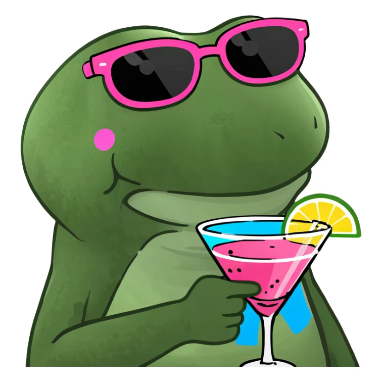 bufo frog with oversized pink sunglasses holding a rainbow cocktail smiling sticker