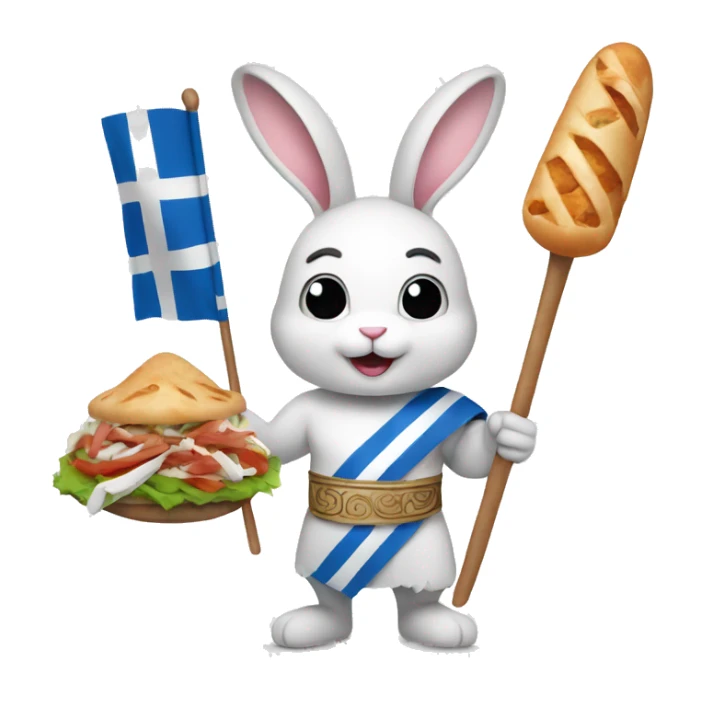 Easter bunny wearing a Greek flag holding a gyros sticker