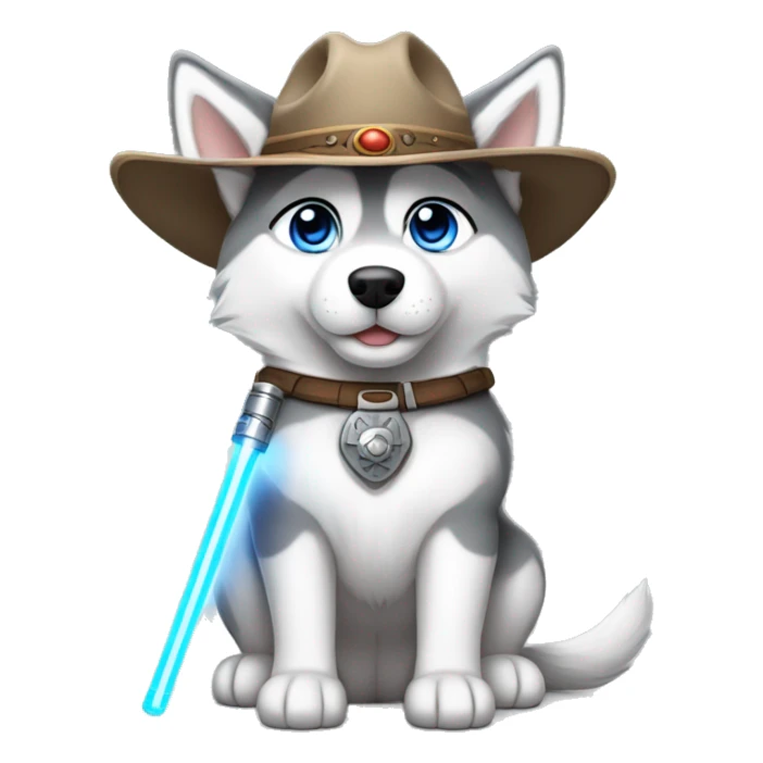 Gray Siberian Husky with blue eyes puppy wearing a cowboy hat dressed in Jedi clothing holding a lightsaber  sticker