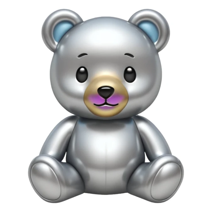A cute teddy bear emoji made of liquid silver chrome, smooth rounded body, glossy metallic surface, soft reflections, friendly proportions, iOS emoji style, centered, clean white background sticker