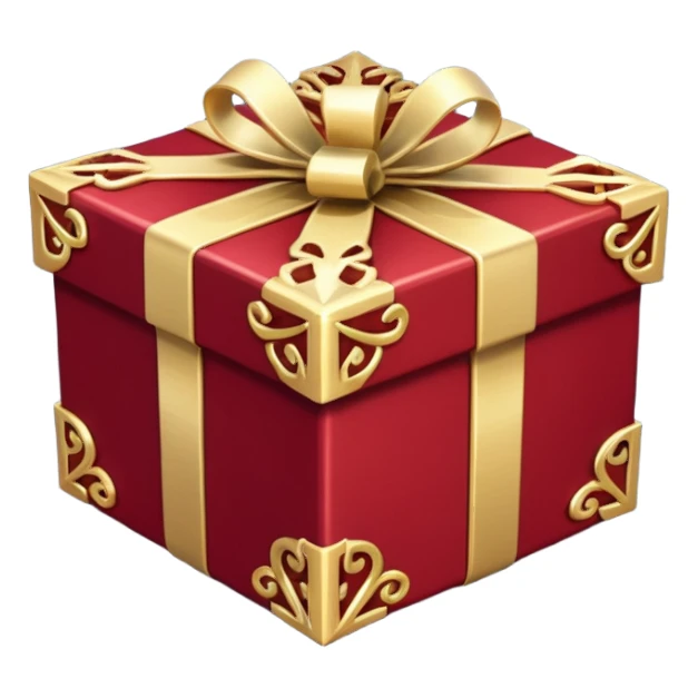 Create a highly polished, 3D game UI–style gift box with a luxurious red and gold theme. gift box ,The square box features deep crimson-red panels with ornate gold metallic trim and filigree details along the edges.  sticker
