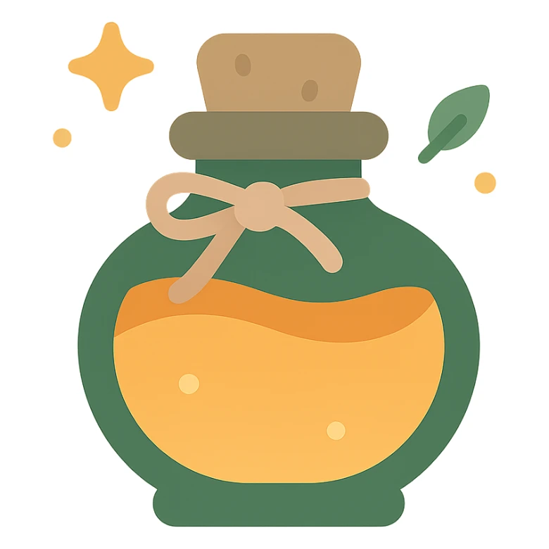 "A cute potion bottle with a whimsical and cozy design, featuring soft and warm colors: golden orange (FA9B41), deep forest green (4A7C5C), muted taupe brown (96775A), and pastel peach (FFCC9A). The bottle is small, round, and slightly vintage in style, with a cork stopper and a delicate ribbon tied around its neck. The potion inside glows faintly with a peachy-orange hue. Surroundings include soft lighting and a magical atmosphere, possibly with sparkles or tiny floating leaves, emphasizing a warm and enchanting mood. The style is charming, storybook-like, and detailed sticker