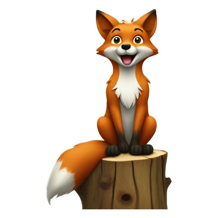 A singing fox sitting on a tree stump raising one paw sticker