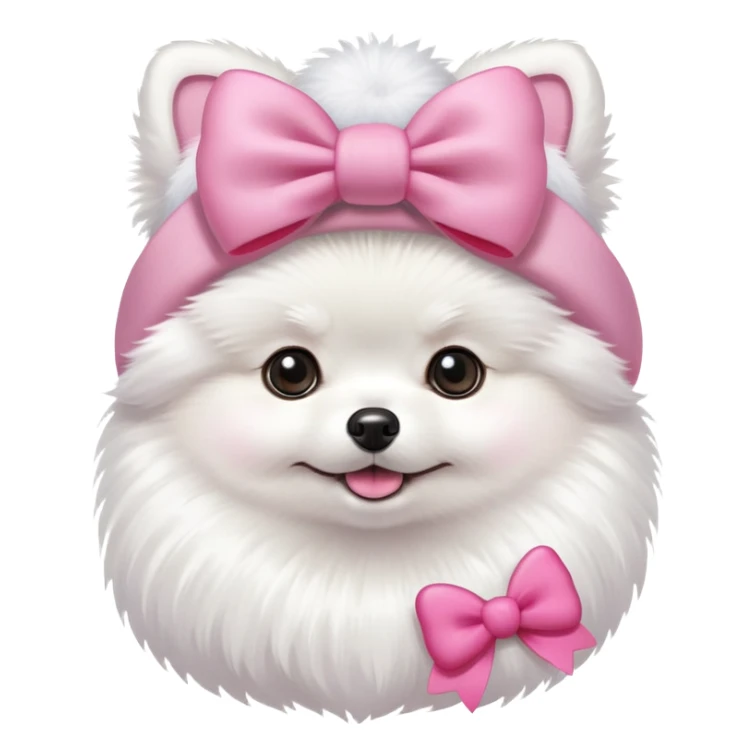 White Pomeranian with a pink bow and a hellokitty hat sticker