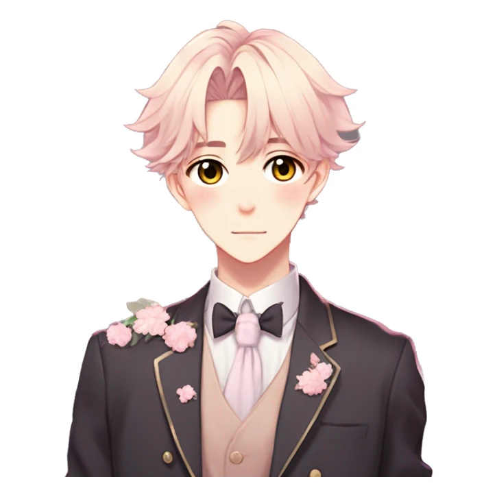 Gorgeous romantic hot attractive anime style modern gentlemanly anime shojo guy with pretty hair and flower petals and blushing face aesthetic trending style  pastelcore cottagecore kawaiicore sticker