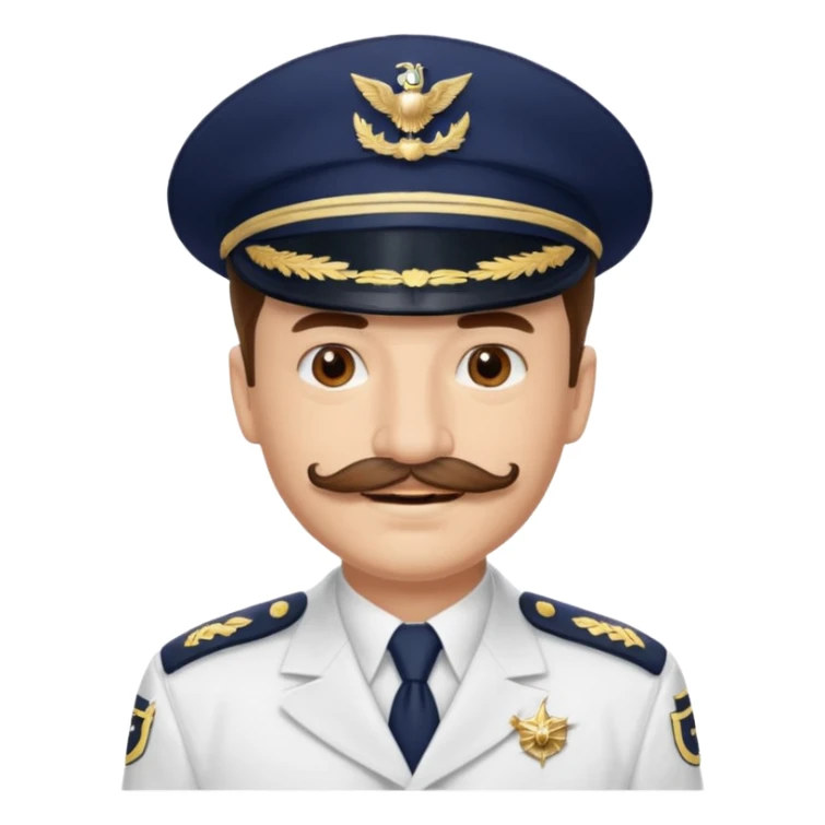 A light-skinned man with brown eyes and original stache, smiling while wearing a white captain’s hat with a navy emblem. sticker