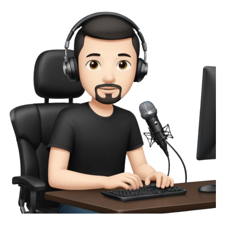a setup of a youtuber, white skin, thin goatee, black short hair, with a desktop pc on a table, a gaming chair, microphone, white ring light sticker