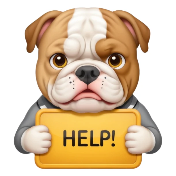 English bulldog holding a 'need help' sign, emoji style sticker