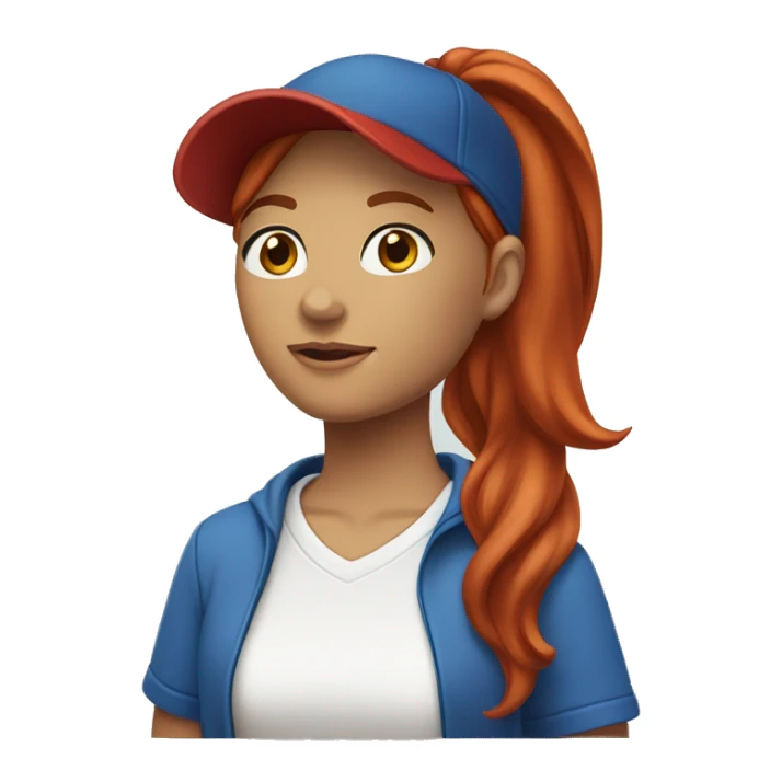 front facing standing female coach with long red hair, wearing a white t-shirt and a simple blue hat sticker