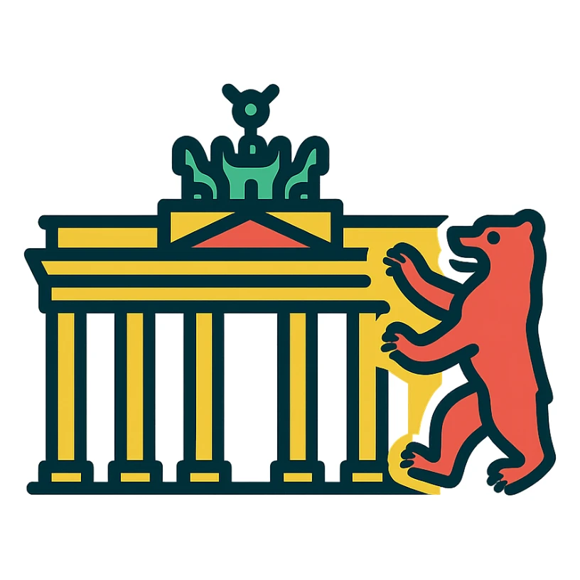 icon of Berlin combining Brandenburg Gate and Berlin Bear, modern flat design, no text, suitable for mobile app icon sticker