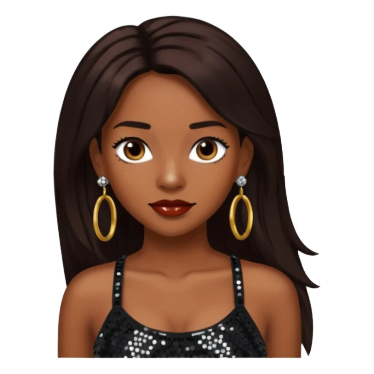 Chilli from TLC with long dark brown hair, black sequin crop top, black earring sticker
