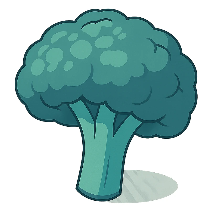 a single broccoli floret, 2D isometric illustration style sticker