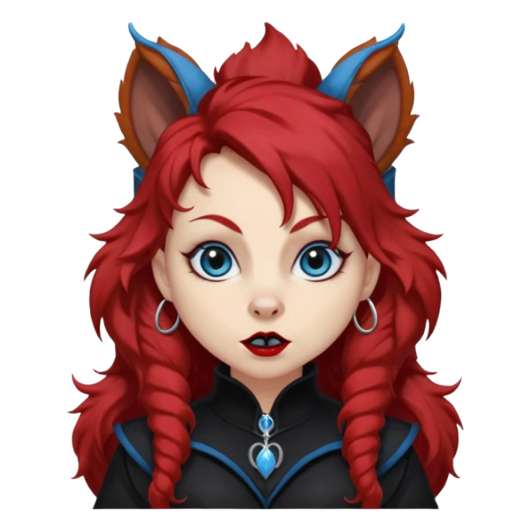  long super curly blood red hair (darker), red pointed squirrel ears with black trim, black goth outfits, body and face human, blue eyes, more pointy chin, black lipstick, one big fluffy red squirrel tail with black tips, close her mouth, less evil looking sticker