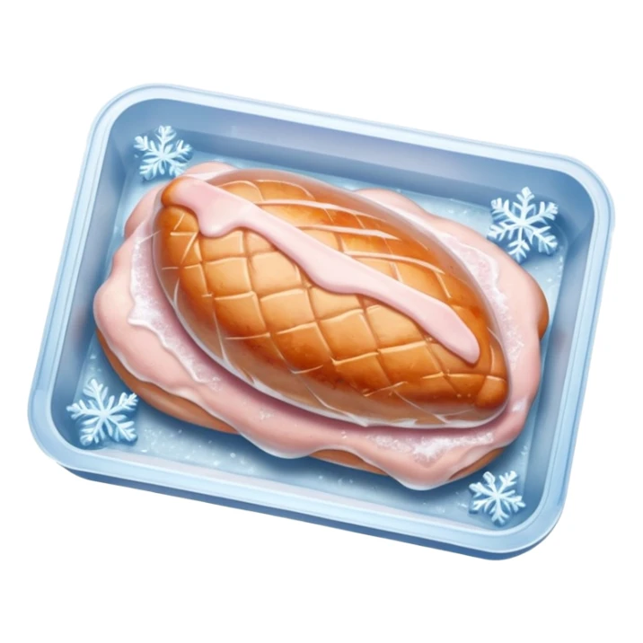 A pack of frozen chicken breasts sealed in transparent plastic packaging, covered with frost and ice crystals. The meat looks pale pink with a slight icy glaze, sitting in a freezer with cool blue lighting. Realistic detail, cold atmosphere, food photography style. sticker