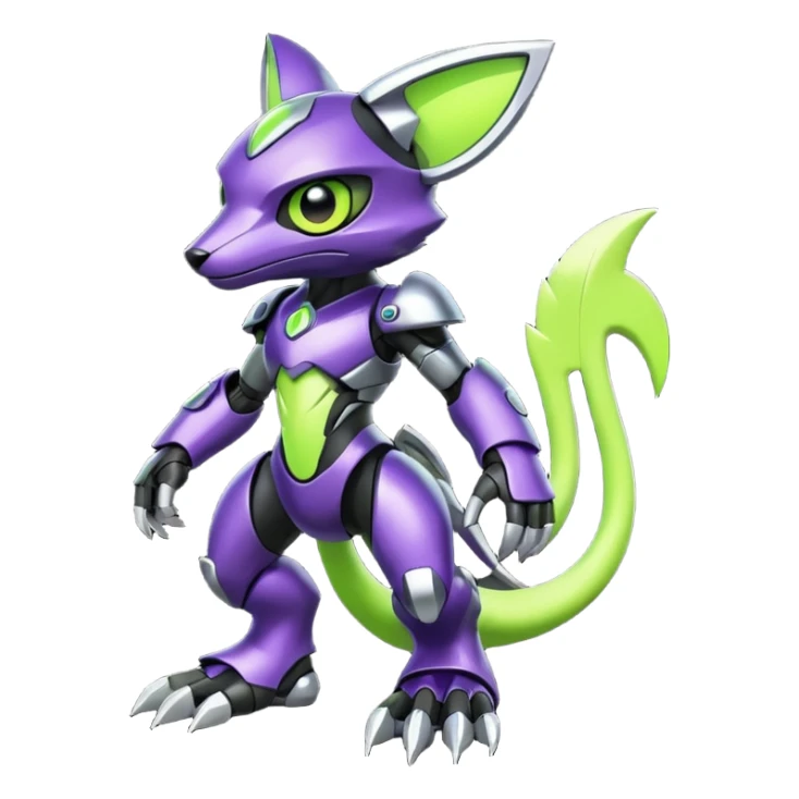 Futuristic modern cyborg badass cool shiny metallic alloy black-obsidian purple neon-green white lime animal hybrid Fakemon full body sticker