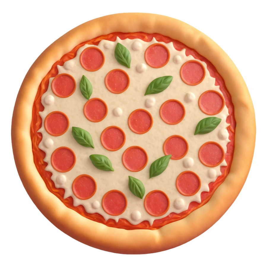 frozen pizza, uncooked, round, pale dough, cheese, tomato sauce, pepperoni or vegetables, firm, frosted, ice crystals, matte, clean 3D, soft lighting, emoji scale sticker